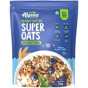 ALPINO High Protein Super Rolled Oats Unsweetened 1kg - Rolled Oats & Natural Peanut Butter 24g Protein No Added Sugar & Salt non-GMO Gluten-Free Vegan Peanut Butter Coated Oats