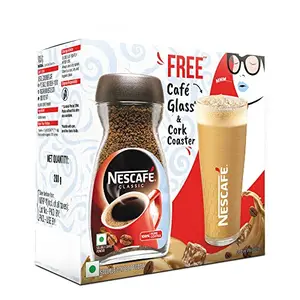 NESCAFE Classic Instant Coffee 200g Jar with Free Cafe Glass & Cork Coaster | 100% Pure Natural Coffee Powder | Rich & Creamy Taste