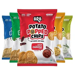 BRB Potato Popped Chips | Not Baked Not Fried Crunchiest & Tastiest Snacks Packs X 48 Grams | Bhel (1) Spicy Chipotle (1) Sour Cream & Herbs (1) Salt & Pepper (1) Pasta Cheese (1) Flavour | 60% Less Fat| Healthier Snack Assorted Pack