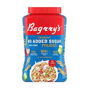 Bagrry's Crunchy Muesli No Added Sugar 0% 1kg Jar| 90% Multi Grains | 60% Fibre Rich Oats with Bran | Whole Grain Breakfast Cereal | Helps Manage Weight | Vegan and Plant Based Muesli