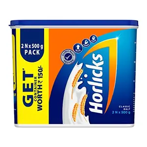 Horlicks Health & Nutrition Drink for Kids 2x500g Combo | Classic Malt Flavor | For Immunity & Growth | Health Mix Powder with Free Container
