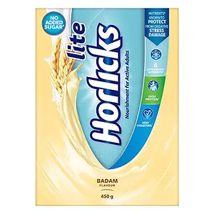 Horlicks Lite Badam Flavour Health & Nutrition Drink for Adults 450g Powder Refill Pack | High Protein Adult Health Drink for Immunity No Added Sugar