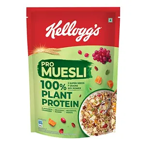 Kellogg's Pro Muesli with 100% Plant Protein | 500g | High Protein Breakfast Cereal | 3 Super Seeds 7 Grains Soy Power | High in Iron | High in Fibre | | Naturally cholesterol free