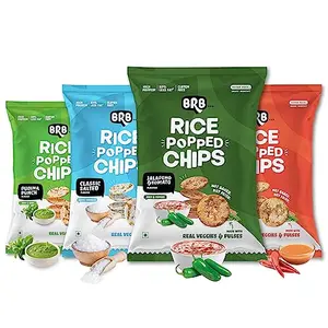 BRB Rice Popped Chips | Real Good with Real Veggies | Not Baked Not Fried | Crunchiest & Tastiest Snacks | 4 Packs X 48 Grams | 4 Flavours - Classic Salted Pudina Punch Peri Peri and Jalapeno & Tomato | High Protein | Source of Fiber | Gluten-Free | Low F
