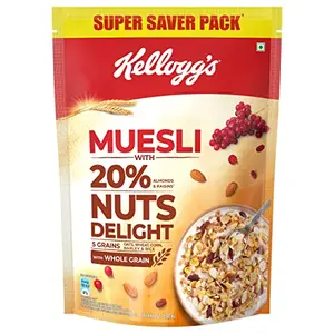 Kellogg's Muesli 20% Nuts Delight 750g | Almonds & Raisins 5 Grains High in Iron Vitamins B1 B2 B3 B6 Folate and Fibre Multigrain Breakfast Cereal