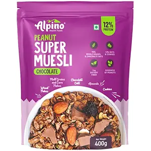 ALPINO Super Chocolate Muesli Nuts & Cookies 400g - 70% Whole Grains & Chocolate Oats 13% Nuts & Cookies - High in Protein Source of Fibre Vegan Breakfast Cereal