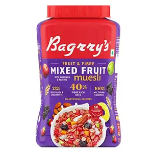 Bagrry's Fruit & Fibre Mixed Fruit Muesli 1kg Jar| 40% Fibre Rich Oats with Bran| 23% Fruits Crush & Dried Fuits with Almonds & Raisins | Protein Rich Breakfast Cereal | Multi Grain Crunchy Muesli