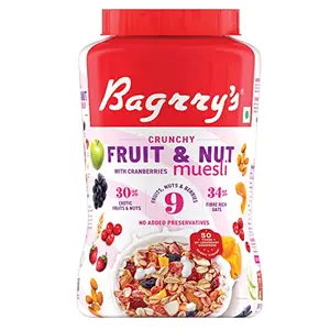 Bagrry's Crunchy Muesli With 30% Fruit & Nut Cranberries 1kg Jar|34% Fibre Rich Oats|No Sugar Infused Fruits|Real Fruits|Breakfast Cereal|Protein Rich|Cranberry Muesli