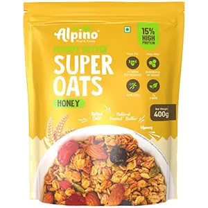 ALPINO High Protein Super Rolled Oats Honey 400g - Rolled Oats Natural Peanut Butter & Honey 15g Protein No Added Sugar & Salt non-GMO Gluten-Free Vegan Peanut Butter & Honey Coated Oats
