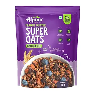 ALPINO High Protein Super Rolled Oats Chocolate 1kg - Rolled Oats Natural Peanut Butter & Cocoa Powder 21g Protein No Added Sugar & Salt non-GMO Gluten-Free Vegan Peanut Butter & Cocoa Coated Oats