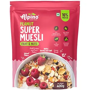 ALPINO Super Muesli Fruit and Nuts 400g - 67% Whole Grains 20% Dried Fruits & Nuts - Finest Nuts & Raisins No Sugar Infused Fruits - High in Protein Source of Fibre Vegan - Breakfast Cereal