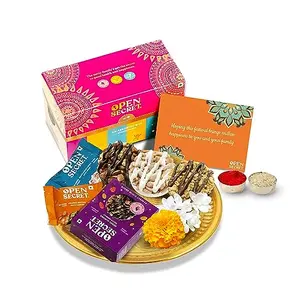 Open Secret Bhaidooj Gift Hamper with Chocolate Cookies | Combo Pack with tika set Roli Chawal Bhai dooj Card for Brother | Corporate Gifts | Gift Box tikka set with Healthy Snacks | Premium Gift Hamper