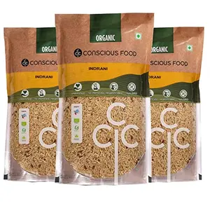 Conscious Food Brown Rice Indrani | Unpolished Organic Whole Grain Source of Protein Dietary Fibre Vitamin B1 B3 B6 | Brown Rice - 1.5kg Pack of (3 x 500g)