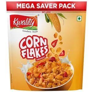 Kwality Corn Flakes - Made with Golden Corns 99% Fat Free Natural Source of Vitamin Iron and Protein 800g