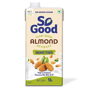 So Good Plant Based Almond Beverage Unsweetened 1 L | Lactose Free | No Added Sugar |Gluten Free | No Preservatives | Zero Cholesterol | Dairy Free| Source of Calcium & Vitamins