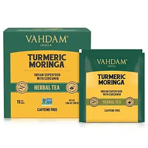 VAHDAM Turmeric Moringa Superfood Herbal Tea Bags (15 Count) Caffeine Free Non-GMO Gluten-Free | 100% Pure Herbal Blend - Sweet & Earthy | Individually Wrapped Pyramid Tea Bags | Direct from Source