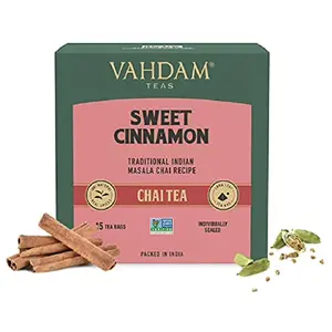 VAHDAM Sweet Cinnamon Masala Chai Tea Bags (15 Count) Non-GMO Gluten-Free No Added Flavoring | Blended w/Exotic Spices | Individually Wrapped Pyramid Tea Bags | Direct from Source