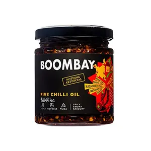 BOOMBAY Five Chilli Oil Topping 190g | Use as a Tadka for Dal Topping on Pizza Spicy Flavour to Noodles | Plant Based | Sustainably Farmed | No Refined Sugar | No Bad Oils | Gluten Free