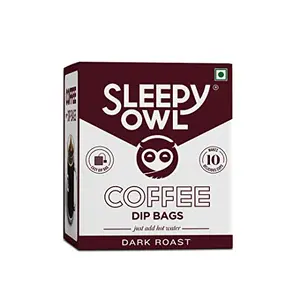 Sleepy Owl Dark Roast Ground Coffee Dip Bags | 10 Bags - Makes 10 Cups | Hot Brew - Have it as Black Coffee or With Milk | 5 Min Brew - No Equipment Needed | Travel Pack | Medium Roast | 100% Arabica