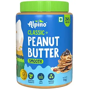 ALPINO Classic Peanut Butter Smooth 1kg - Roasted Peanuts Brown Sugar & Sea Salt - 24g Protein non-GMO Gluten Free Vegan Plant Based Peanut Butter Creamy