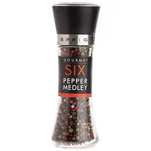 Sprig Gourmet Six Pepper Medley | Rainbow Peppercorn blend| Whole Dried Peppercorns (Black | White | Pink | Green| Sichuan| Cubeb) + Glass Pepper Grinder Bottle with Adjustable Coarseness | 85g