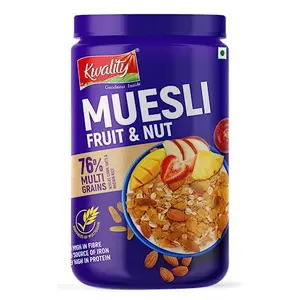 Kwality Muesli Fruit N Nut Multigrain Wheat Corn Oats Brown Rice High in Fibre Iron and Protein 1Kg Jar
