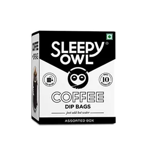 Sleepy Owl Assorted Hot Brew Coffee Bags | 10 Bags - 5 Delicious Flavours - French Vanilla Dark Roast Cinnamon Hazelnut Original | 5 Minute Brew - No Equipment Needed | 100% Arabica | Makes 10 Cups
