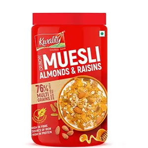 Kwality Muesli Crunchy Almond Raisins and Honey Goodness of Multigrain High in Fibre Source of Vitamin Iron and Protein 1Kg Jar