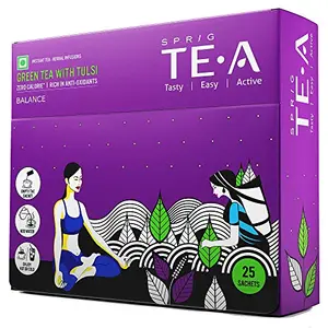 SPRIG Green Tea with Tulsi |Fresh Tulsi| Fully Soluble Green Tea |Low Bitterness | Antioxidant Rich |Boost Immunity| Reduce Stress and Anxiety |No Additives |25 Sachets