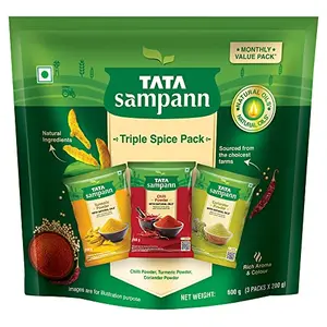 Tata Sampann Triple Spice Pack | Chilli Powder 200g| Turmeric Powder 200g | Coriander Powder 200g | Monthly Value Pack | 600g