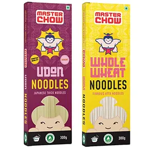 MasterChow Healthy Atta Noodle Pack of 2 - Made with 100% Organic Atta | No Maida Not Fried | No Artificial Preservatives or MSG |100% Natural | Pack of 2 - Udon & Wholewheat Noodles - 300g Each