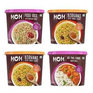 MOM - Meal of the Moment Instant Meals Pack of 2 Veg Biryani with Shahi Gravy Fried Rice with Schezwan Gravy and Red Thai Curry Rice - Ready to Eat | Instant Food | No Added Preservatives