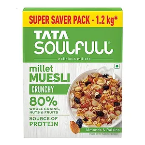 Tata Soulfull Millet Muesli | Crunchy | 80% Whole Grains | Almonds & Raisins | Source of Protein | Super Saver Pack | 1.2 kg