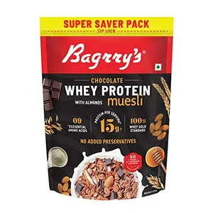 Bagrry's Whey Protein Muesli 750gm Pouch |15gm Protein Per Serve |Chocolate Flavour|Whole Oats & Californian Almonds|Breakfast Cereal|Protein Rich|Premium American Whey Muesli