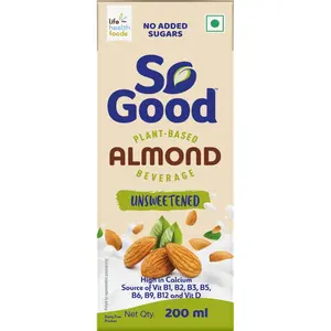 So Good Plant Based Almond Beverage Unsweetened 200 ml |Lactose Free | No Added Sugar |Gluten Free | No Preservatives | Zero Cholesterol | Dairy Free| Source of Calcium & Vitamins