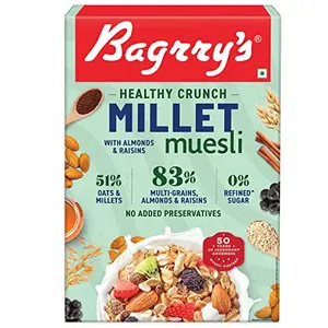 Bagrry's Healthy Crunch Millet Muesli 500g Box | Almond 'N' Raisins | 51% Oats & Millets | No Added Preservative | 0% Refined Sugar | Multi-Grain Breakfast Cereal |Californian almonds | Crunchy Muesli