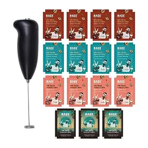 Rage Coffee - Silk Blend Assorted Sachets & Frother Coffee Kit Combo (15 X 1.5 Gram Sachets) | 3 Classic 4 Creamy Hazelnut 4 Vanilla Velvet & 4 Belgian Chocolate Flavours & Beater)