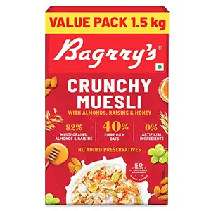 Bagrry's Crunchy Muesli 1.5kg Box| 40% Fibre Rich Oats with Bran | 82% Multi Grains Almonds Raisins & Honey | Breakfast Cereal | All Natural Muesli
