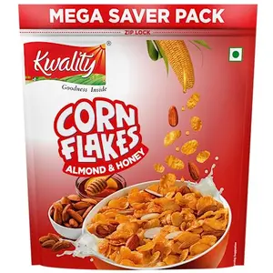 KWALITY Corn Flakes with Almond & Honey - Made with Golden Corns 99% Fat-Free High in Protein Zero Cholesterol - Perfect with Mixed Fruits 1Kg [Pack of 1]