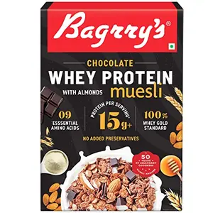 Bagrry's Whey Protein Muesli 500gm Box |15gm Protein Per Serve |Chocolate Flavour|Whole Oats & Californian Almonds|Breakfast Cereal|Protein Rich|Premium American Whey Muesli