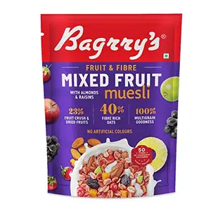 Bagrry's Fruit & Fibre Mixed Fruit Muesli 500gm Pouch | 40% Fibre Rich Oats with Bran| 23% Fruits Crush & Dried Fuits with Almonds & Raisins | Protein Rich Breakfast Cereal | Multi Grain Crunchy Muesli