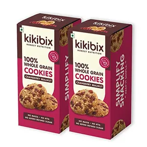 Kikibix Cranberry Walnut Cookies High-Fibre Tasty & Healthy Multi-Grain Snack For All Age Groups Low Calorie No Maida No Refined Sugar Made With Organic Jaggery- (130g x Pack of 2) | 24 Pieces
