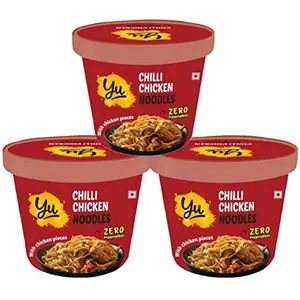 Yu Foodlabs Cup Noodles - Chilli Chicken Spicy Non Veg Ramen Noodles - Pack of 3 - No Preservatives - Instant Food - 100% Natural - Ready to Eat Saucy Instant Noodles - 675 grams