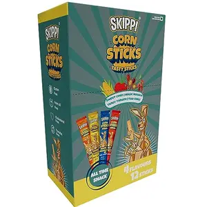 Skippi All Time Snack of Tasty Corn Sticks Assorted Triple Pack of 4 flavors (Sweet Corn Magic Masala Tangy Tomato & Thai Chilli) 144g (12g x 12 Rolls)