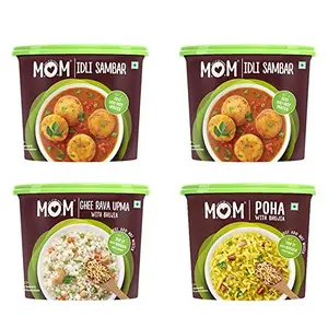 MOM - Meal of the Moment Breakfast Combo Pack of Poha with Bhujia Ghee Rava Upma with Bhujia and 2 Idli Sambar - Ready to Eat | Instant Food | No added Preservatives