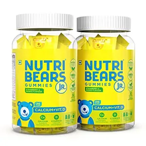 NutriBears Children's Calcium and Vitamin D Gummies for Kids and Teens 60 Gummy Chewables Strawberry and Mango Flavour Natural Gelatin Free Vegetarian Supplement for Strong Teeth and Bones 2-Pack