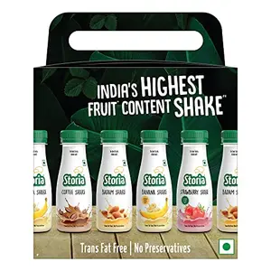 Storia Assorted Pack of Milkshakes- India's Highest Fruit Content Shake-Transfat Free & No Preservatives- Pack of (6 X 180ml) PET Bottle