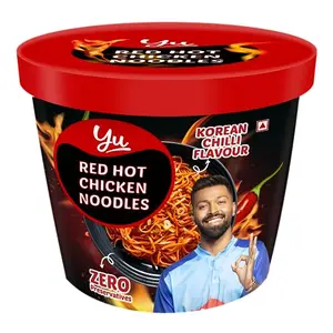 Yu - Red Hot Chicken Noodles - Extra Spicy - Korean Chilli Flavour - No Preservatives - Instant Food with Chicken Pieces - 100% Natural Cup Noodles - Ready to Eat Instant Noodles - 85g