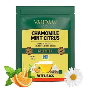 VAHDAM Chamomile Mint Citrus Green Tea Bags (50 Count) Low Caffeine Non-GMO Gluten-Free | Sweet & Floral | Whole Loose Leaf Tea Bags | Resealable Ziplock Pouch | Chamomile Tea Mint Tea Bags