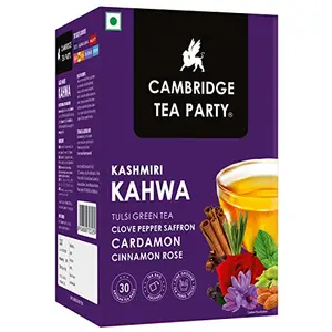 Cambridge Tea Party Kashmiri Kahwa 30 Tea Bags Saffron Almond Cardamom Clove Pepper Cinnamon Rose Tulsi Green Tea (immunity booster with natural vitamins cleanse detox cold relief weight loss slim skin glow)